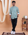 Men’s Linen Valley Hand Printed Intricate Geometric Pattern Casual Full Sleeve Shirt - Green