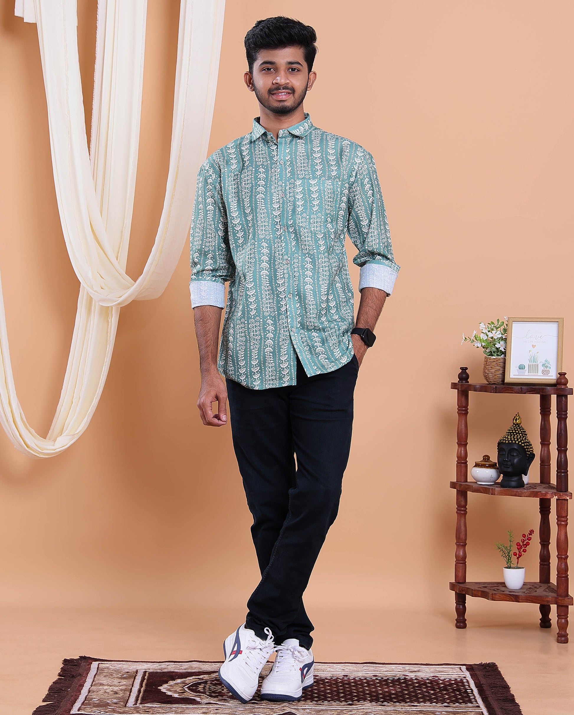 Men’s Linen Valley Hand Printed Intricate Geometric Pattern Casual Full Sleeve Shirt - Green