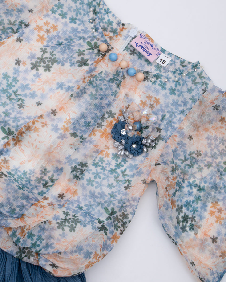 Kids' Floral Print Top & Ruffled Skirt Set - Blue