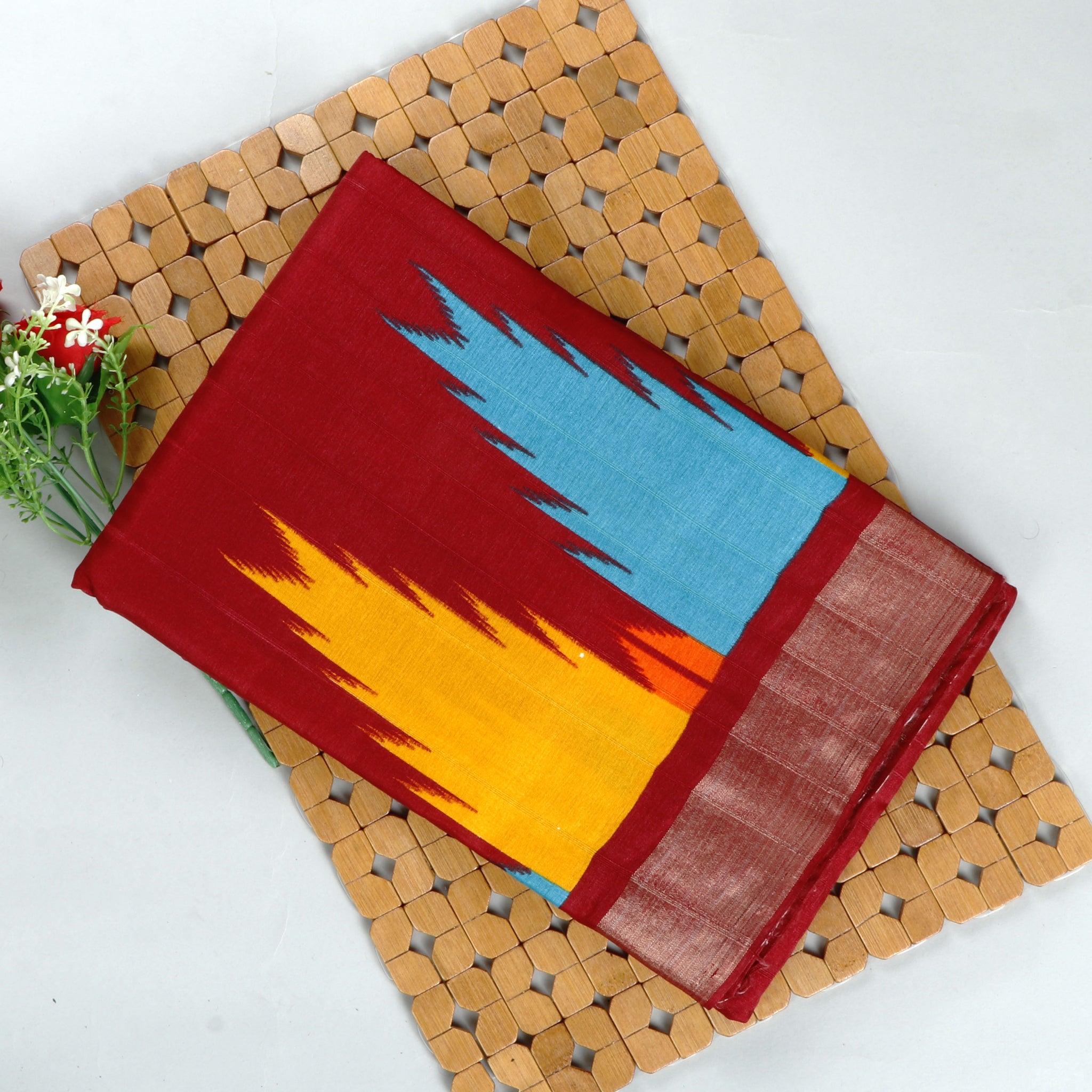 Traditional Handloom Cotton Saree with Ikat Pattern - Maroon