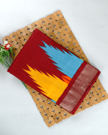 Traditional Handloom Cotton Saree with Ikat Pattern - Maroon
