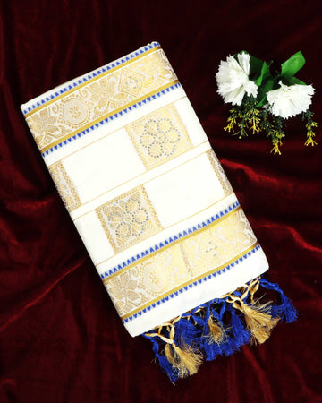 White & Gold Colour Design Kerala Saree
