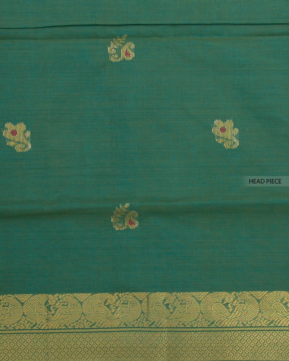 Handloom Cotton Saree with Checked Weave and Zari Border - Green
