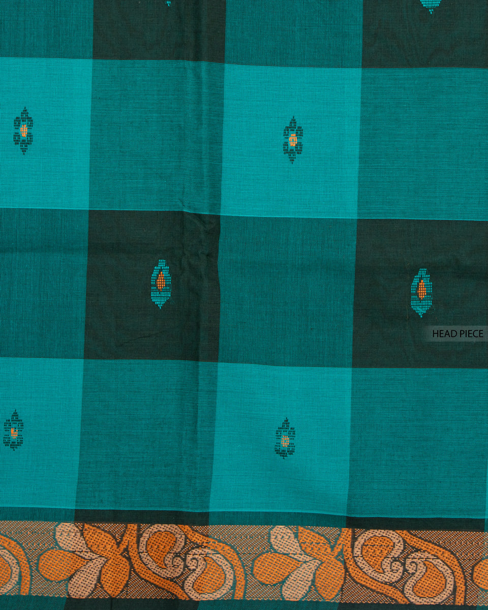 Handloom Cotton Saree with Checked Weave and Zari Border - Green
