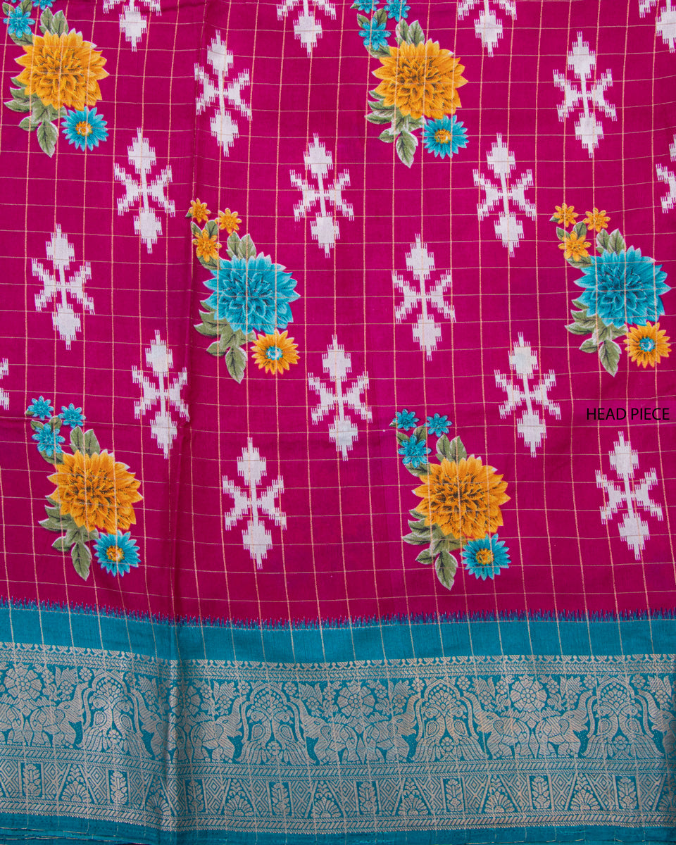 Floral & Checked Pattern Dola Silk Saree With Woven Border - Pink