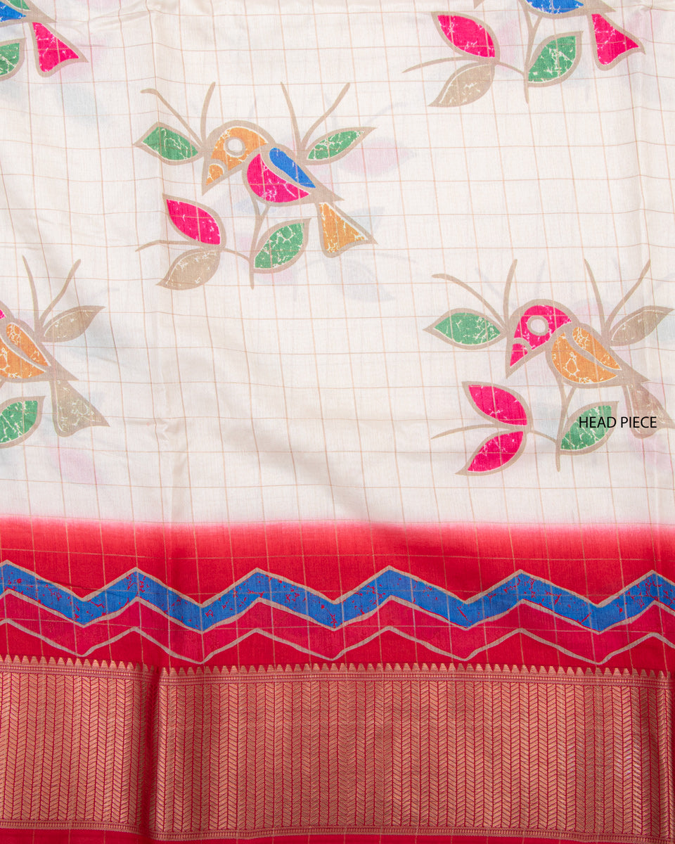 Floral & Checked Pattern Dola Silk Saree With Woven Border - Cream