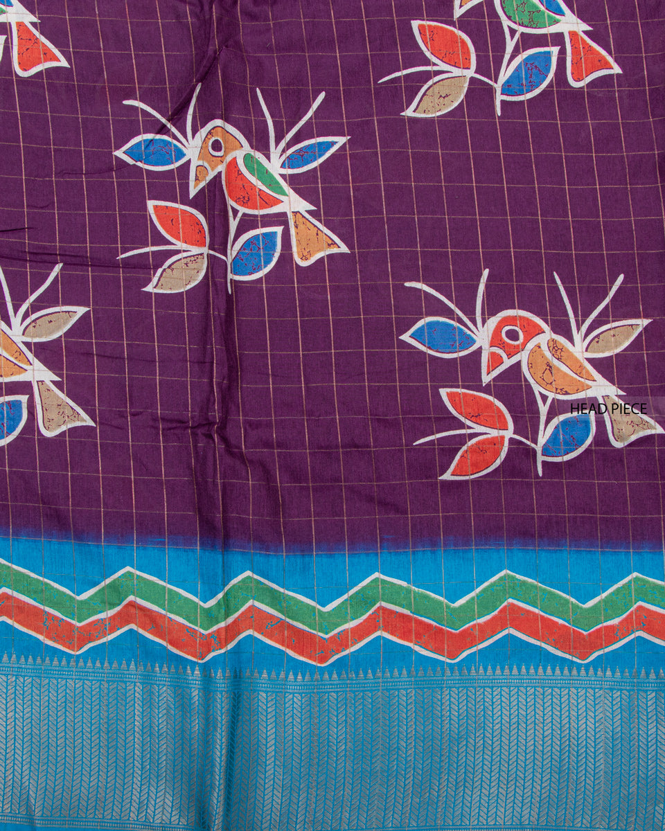 Floral & Checked Pattern Dola Silk Saree With Woven Border - Purple