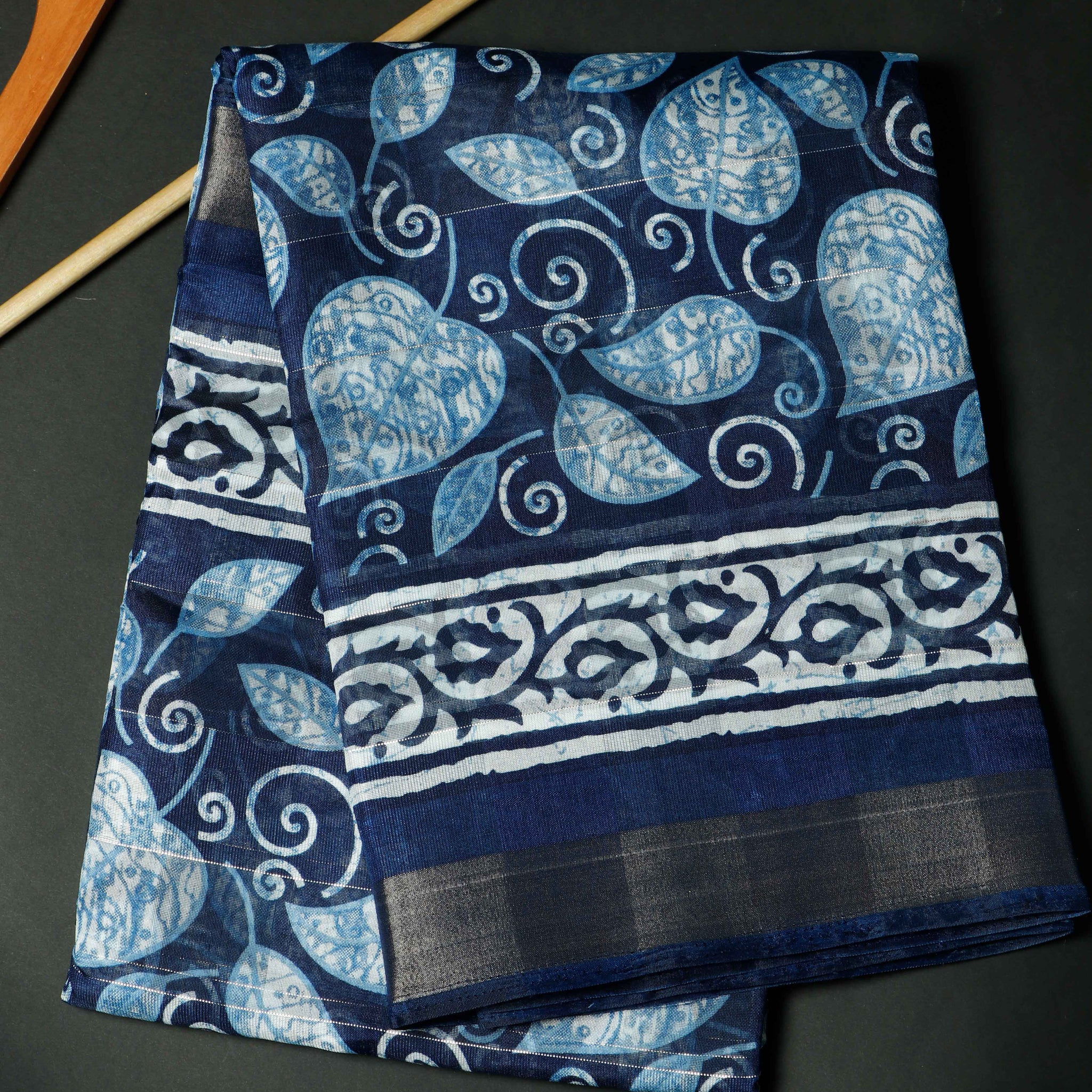 Hand Block Printed Semi Silk Mixed Cotton Saree  - Blue