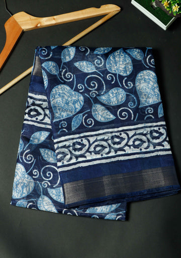 Hand Block Printed Semi Silk Mixed Cotton Saree  - Blue