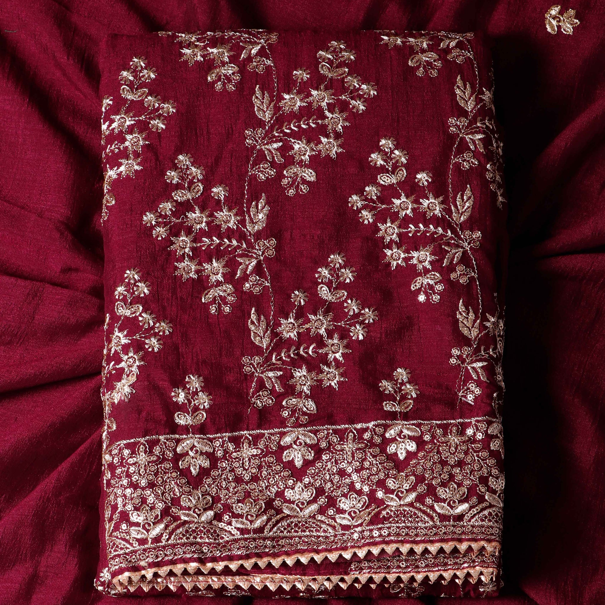 Unstitched Salwar Material with Intricate Gold Zari & Thread Embroidery - Maroon
