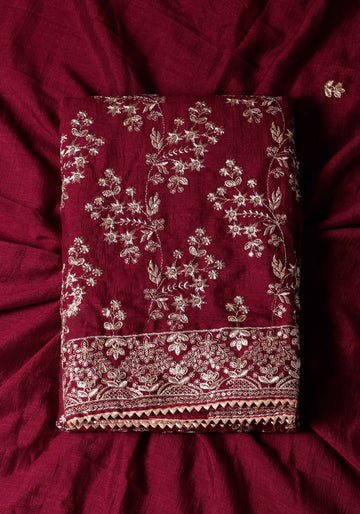 Unstitched Salwar Material with Intricate Gold Zari & Thread Embroidery - Maroon