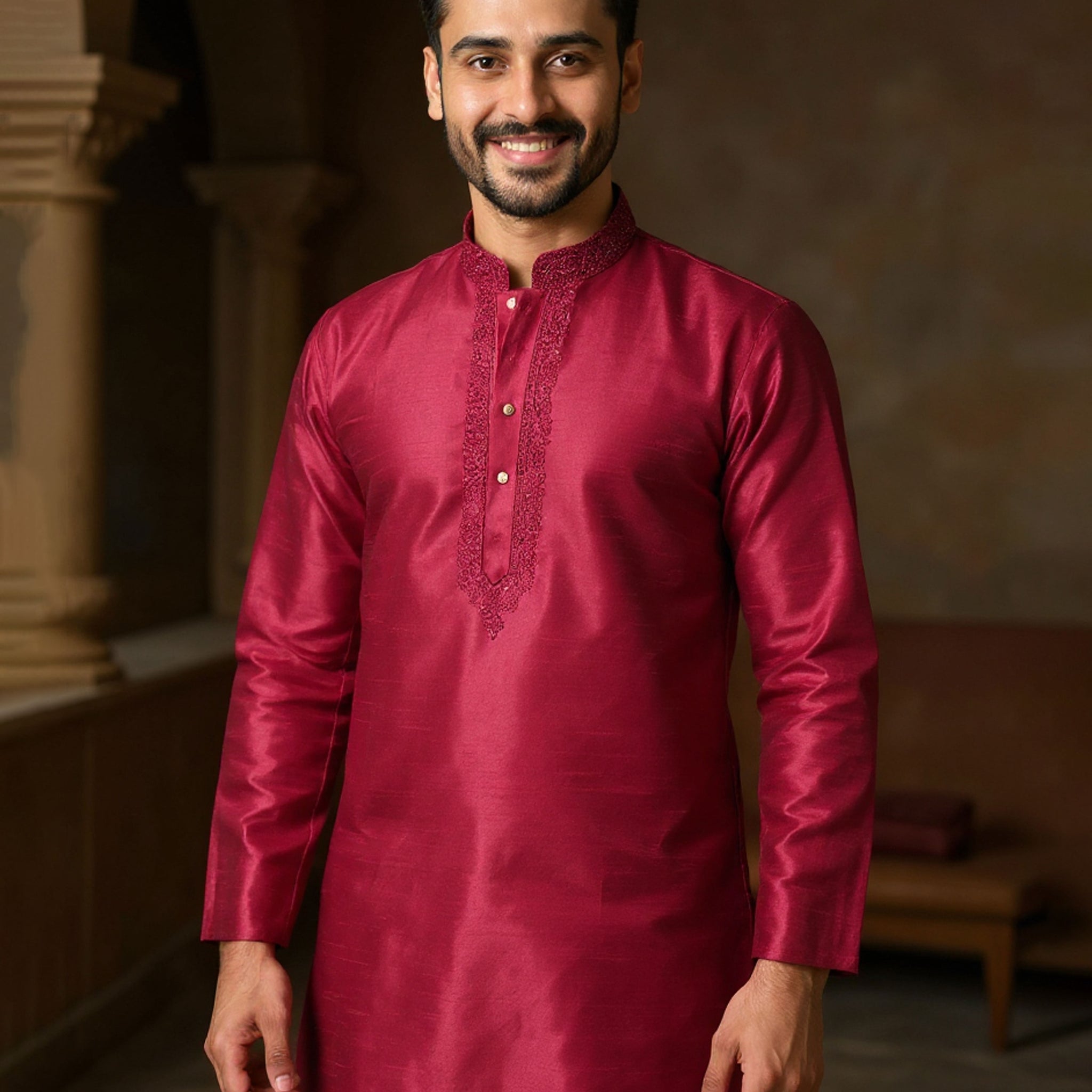 Man wearing a maroon kurta with white pants in an indoor setting
