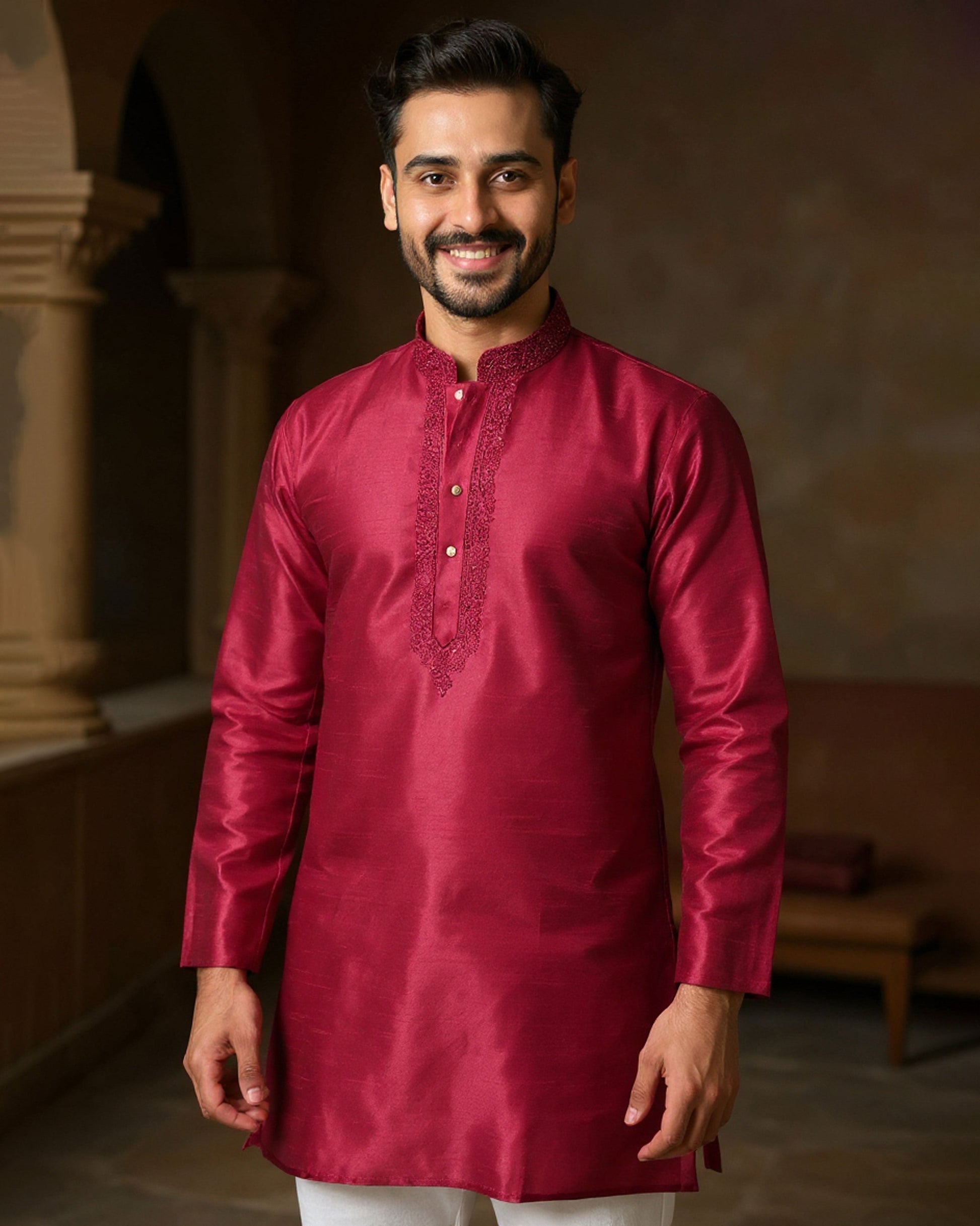 Man wearing a maroon kurta with white pants in an indoor setting