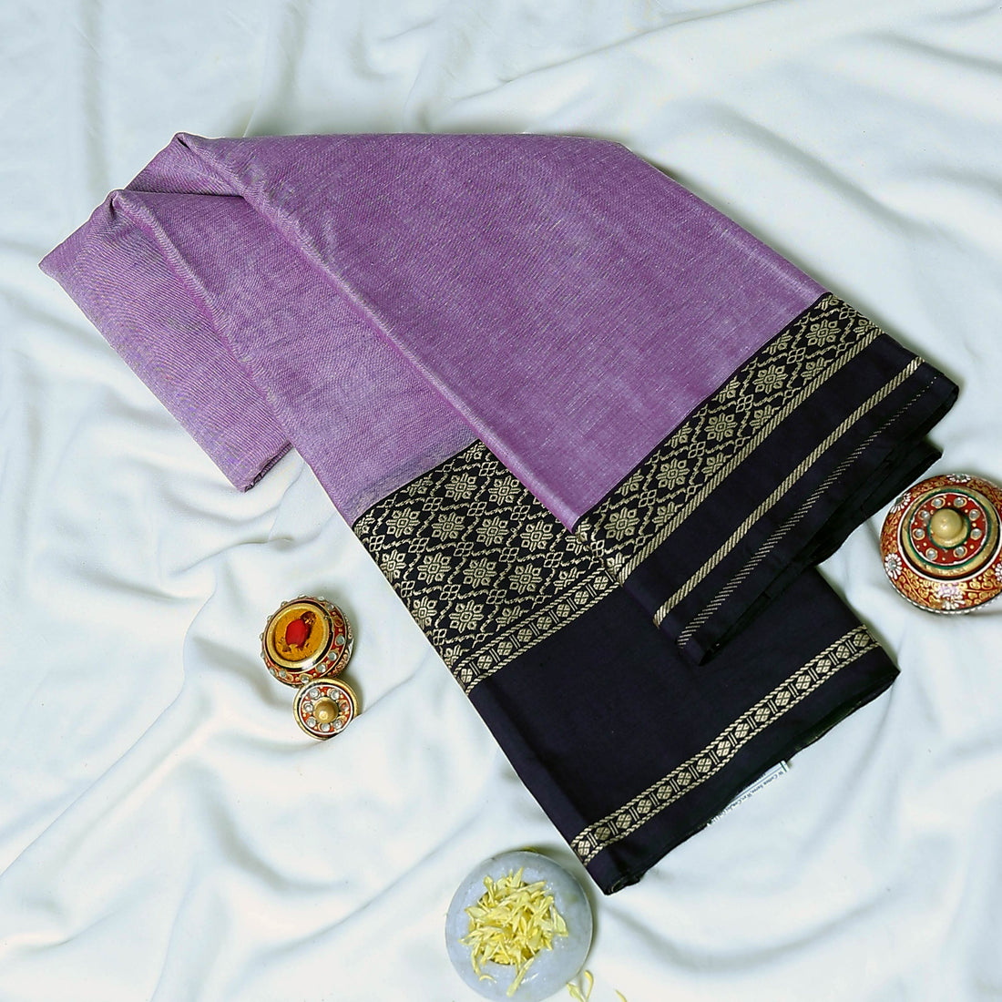 Lavender Mangalagiri Cotton Saree With Dark Purple Zari Border And Woven Pallu - Full View
