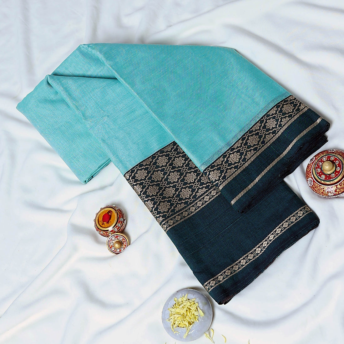 Blue Mangalagiri Cotton Saree With Teal Zari Border And Woven Pallu - Full View
