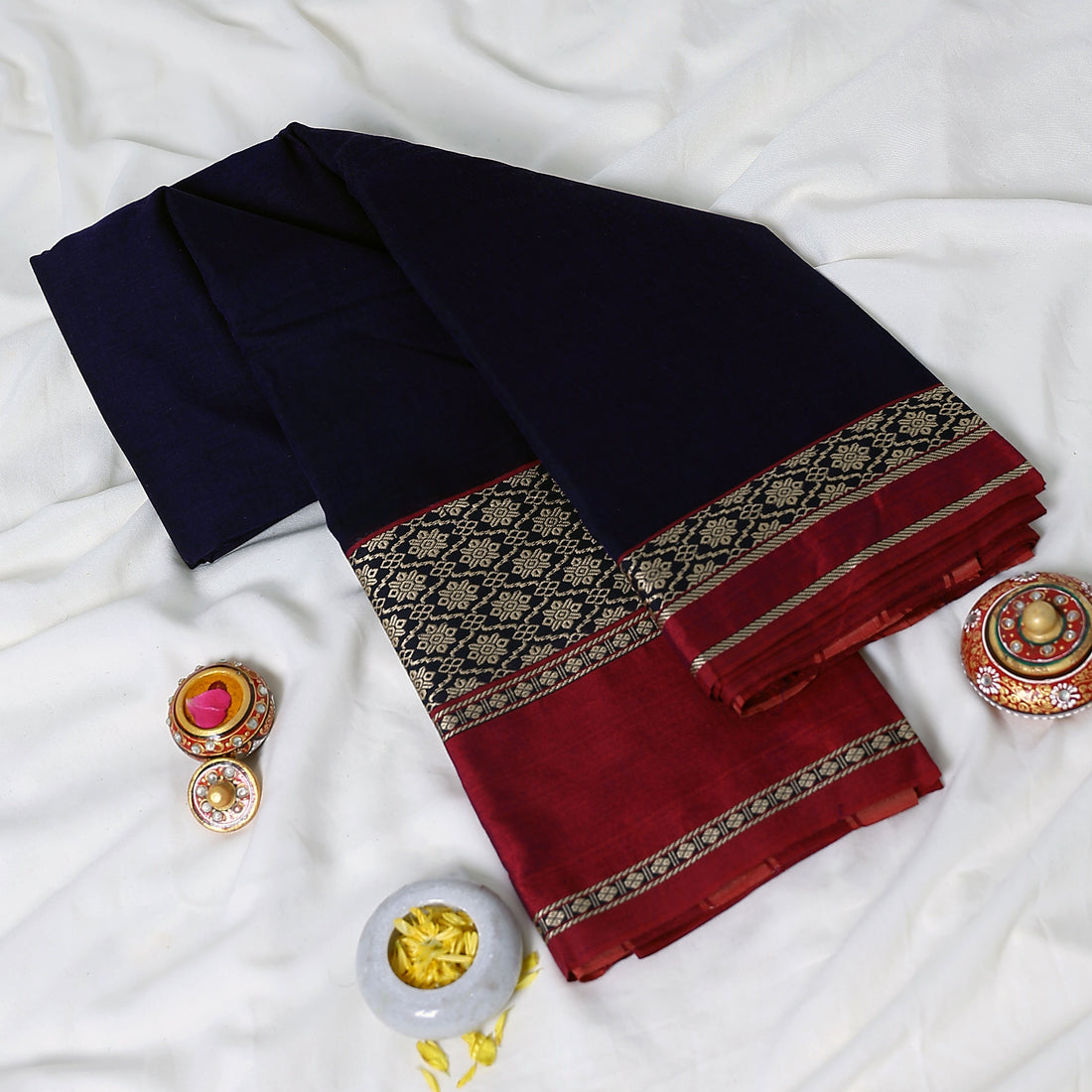 Dark Blue Mangalagiri Cotton Saree With Red Zari Border And Woven Pallu - Full View