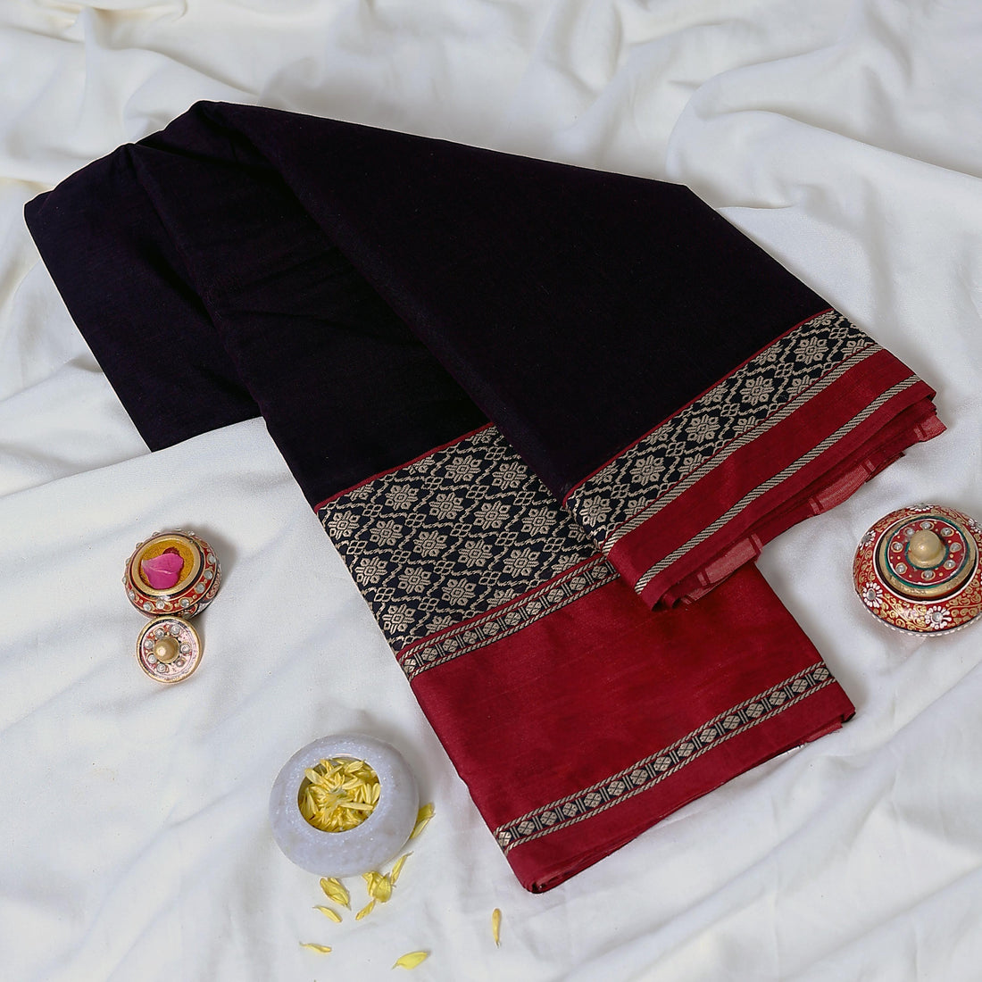 Dark Purple Mangalagiri Cotton Saree With Red Zari Border And Woven Pallu - Full View