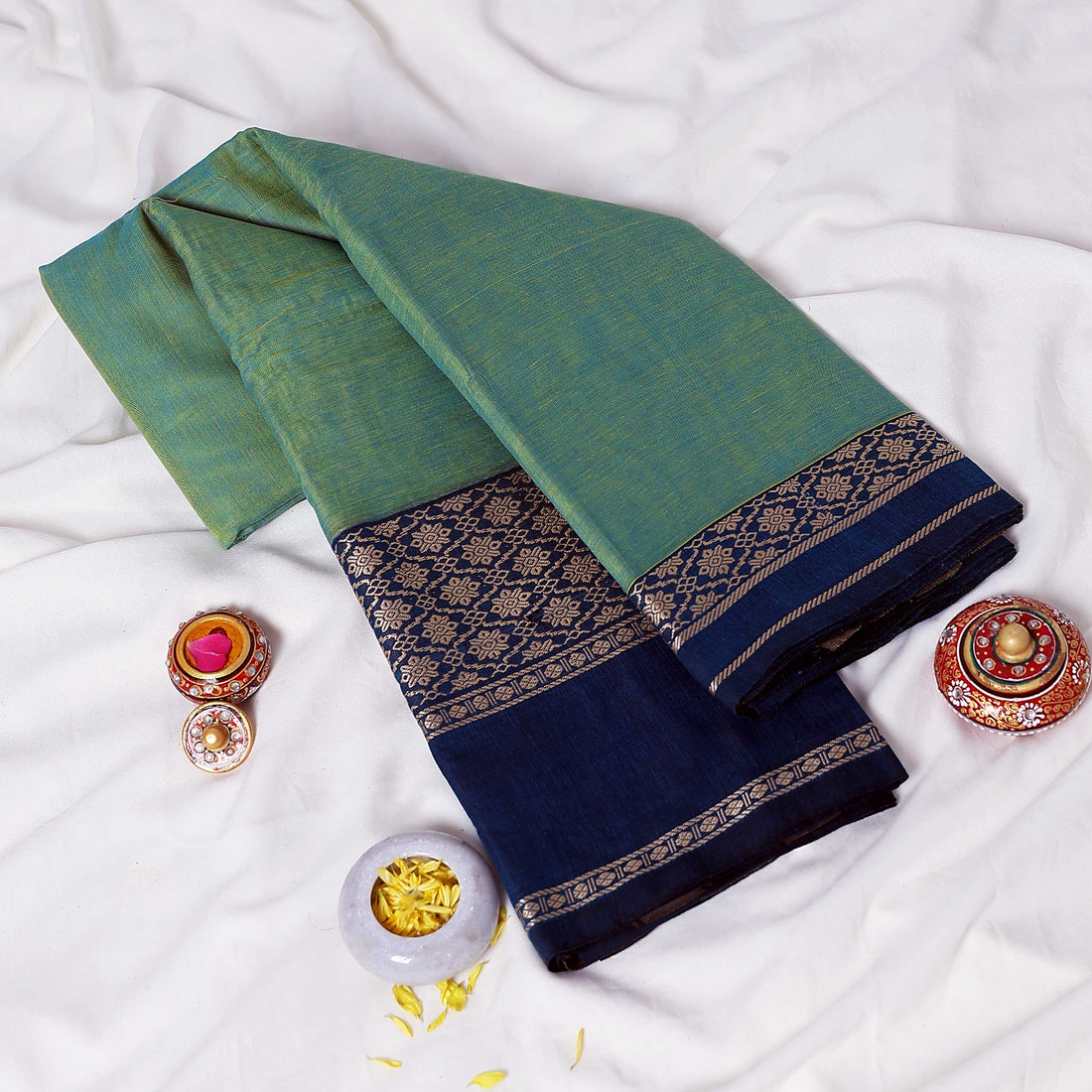 Green Mangalagiri Cotton Saree With Blue Zari Border And Woven Pallu - Full View