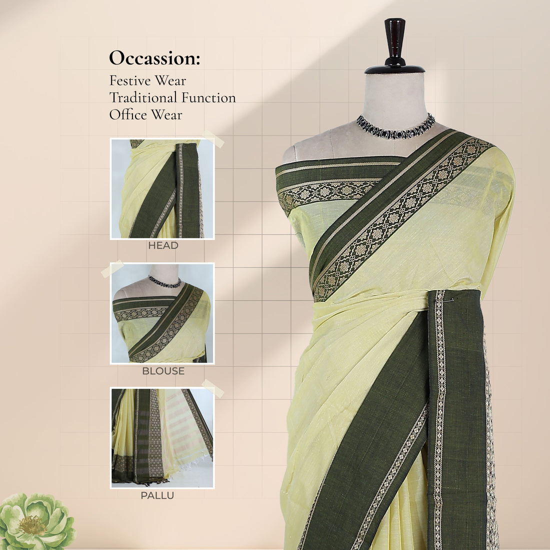 Light Green Mangalagiri Cotton Saree With Dark Green Zari Border And Woven Pallu - Full View