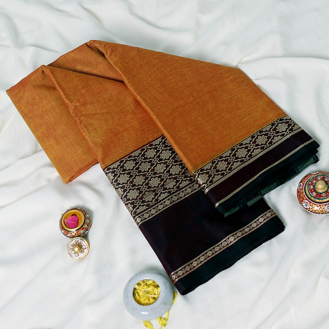 Orange Mangalagiri Cotton Saree With Maroon Zari Border And Woven Pallu - Full View