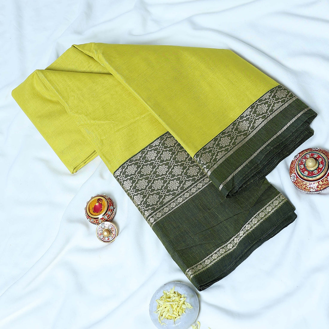 Yellow Mangalagiri Cotton Saree With Black  Zari Border And Woven Pallu - Full View
