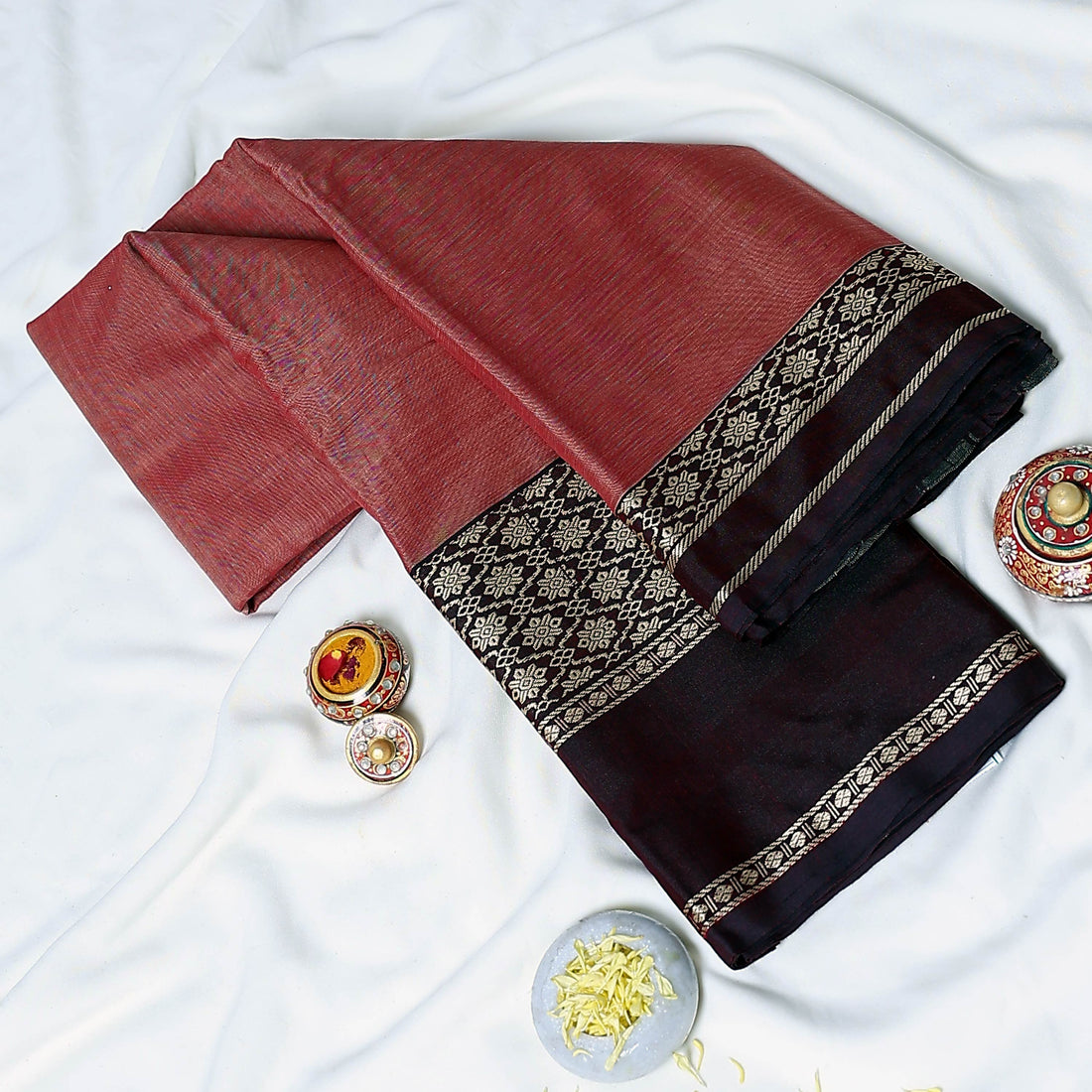 Peach Mangalagiri Cotton Saree With Maroon Zari Border And Woven Pallu - Full View