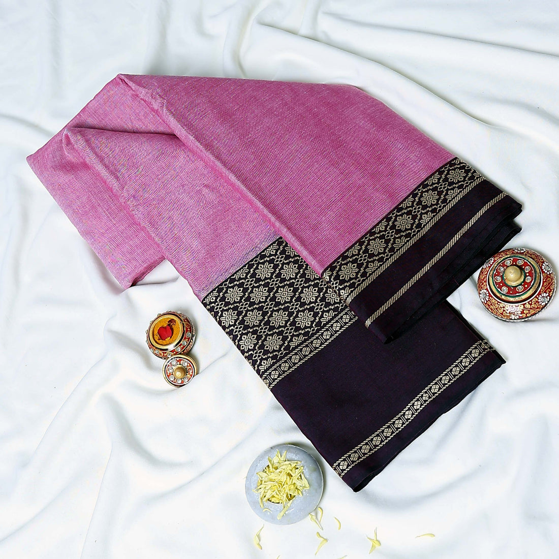 Pink Mangalagiri Cotton Saree With Dark Purple Zari Border And Woven Pallu - Full View