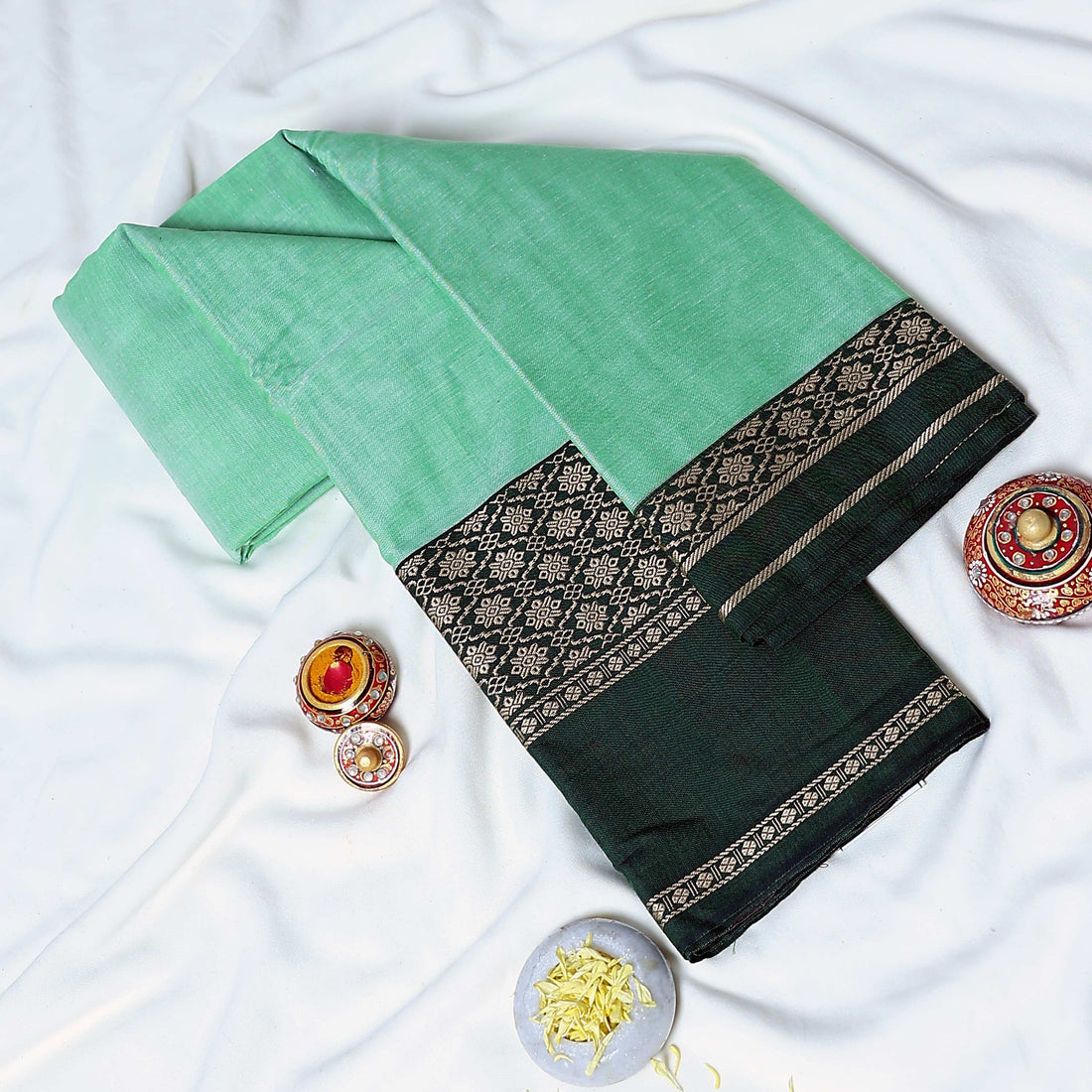 Aqua Green Mangalagiri Cotton Saree With Dark Green Zari Border And Woven Pallu - Full View