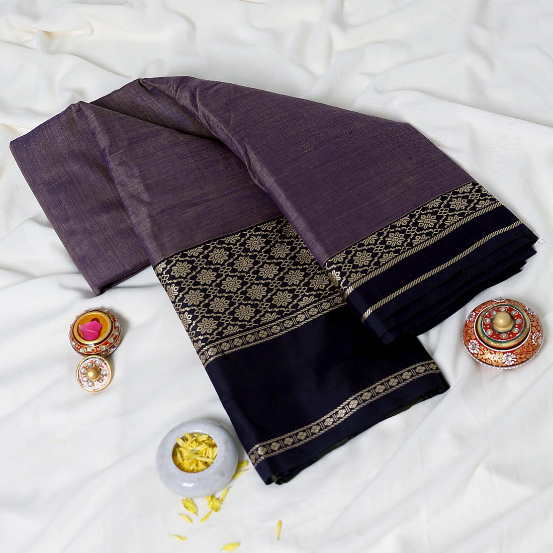 Purple Mangalagiri Cotton Saree With Navy Blue Zari Border And Woven Pallu - Full View
