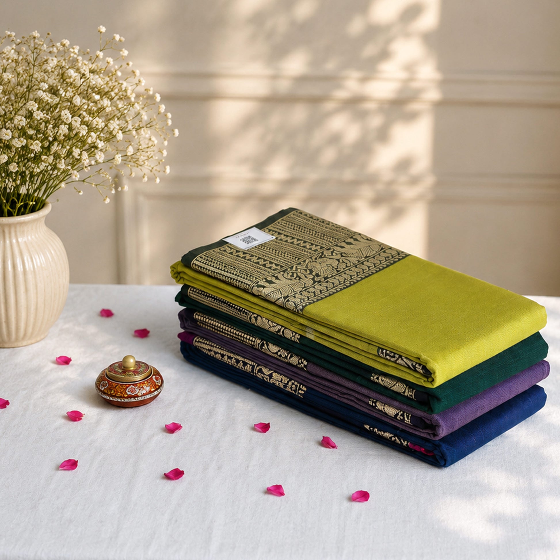 Mangalagiri Cotton Saree Stack With Intricate Woven Borders In Multicolor Shades Folded Display View