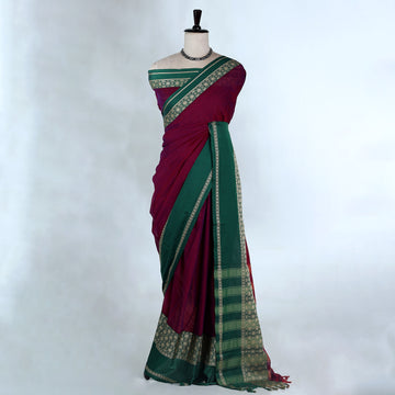 Maroon Mangalagiri Cotton Saree With Green Zari Border And Woven Pallu - Full View