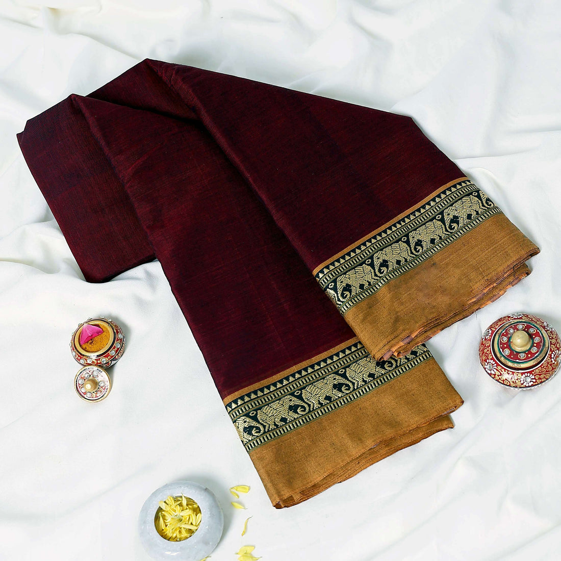 Maroon Mangalagiri Cotton Saree with Yellow Border and Pallu - Full View