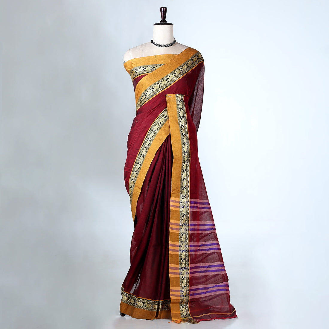 Maroon Mangalagiri Cotton Saree with Yellow Border and Pallu - Full View