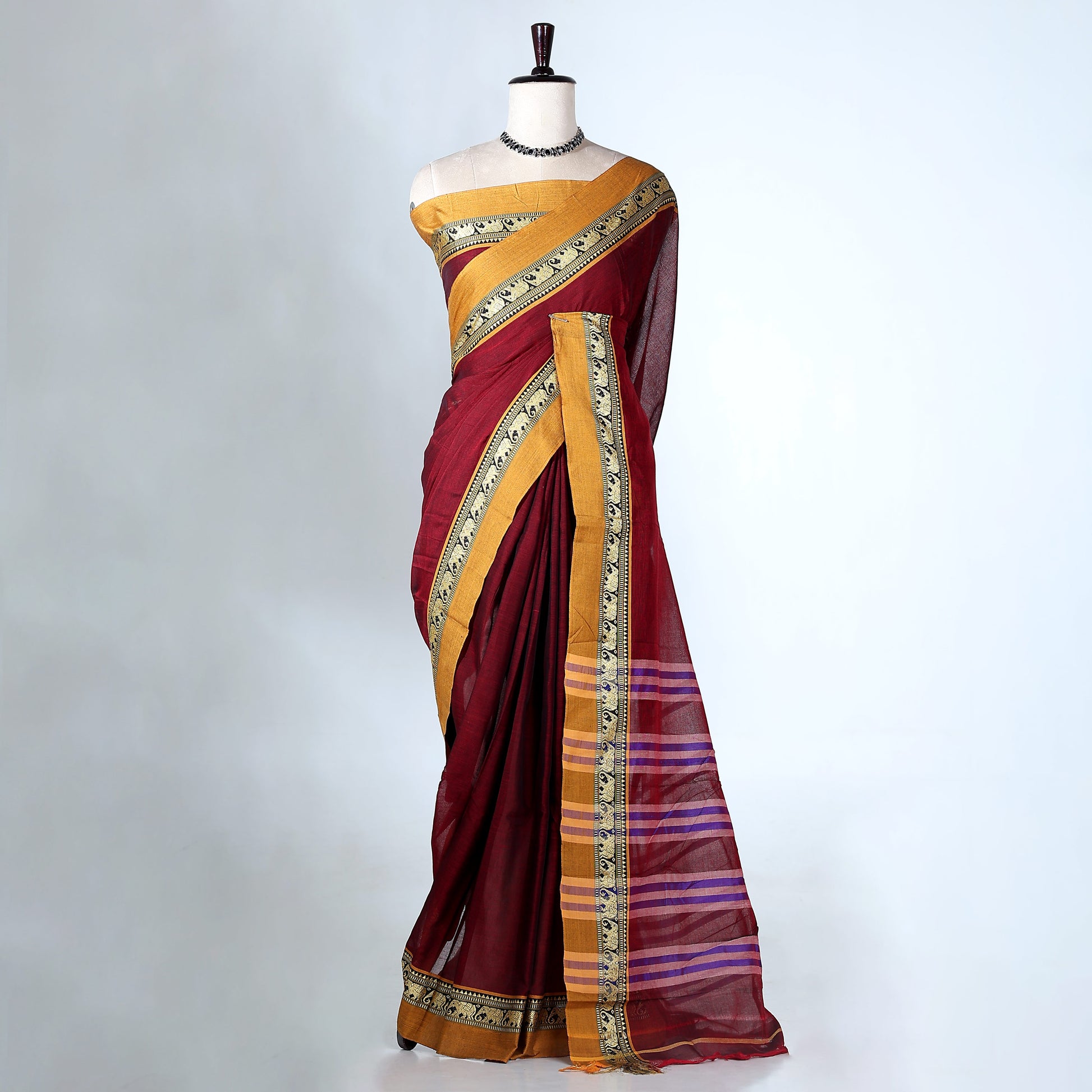 Maroon Mangalagiri Cotton Saree with Yellow Border and Pallu - Full View