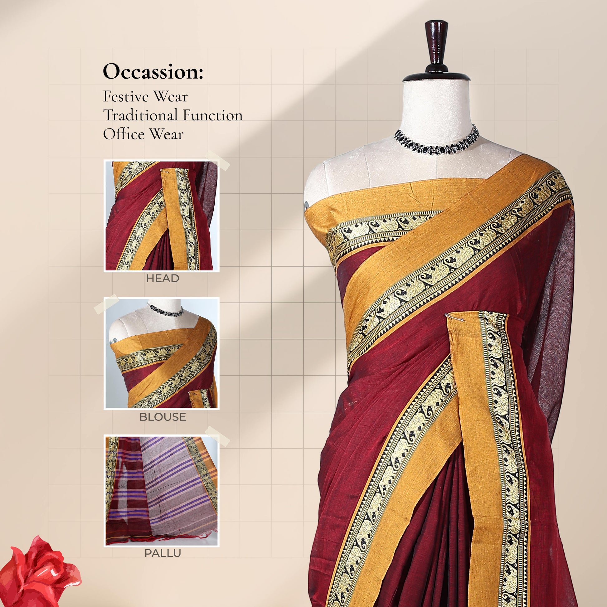 Maroon Mangalagiri Cotton Saree with a Yellow Border Elephant Motif Zari Detailing and Striped Pallu