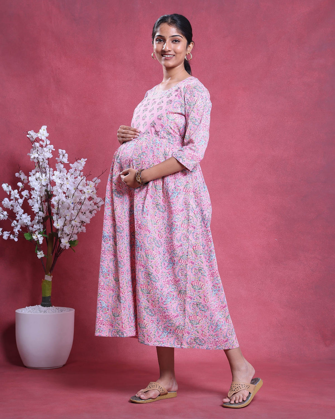 Women’s Floral Printed Maternity Feeding Dress with Round Neck 3/4th  Sleeves and Comfortable Empire Waist, Black