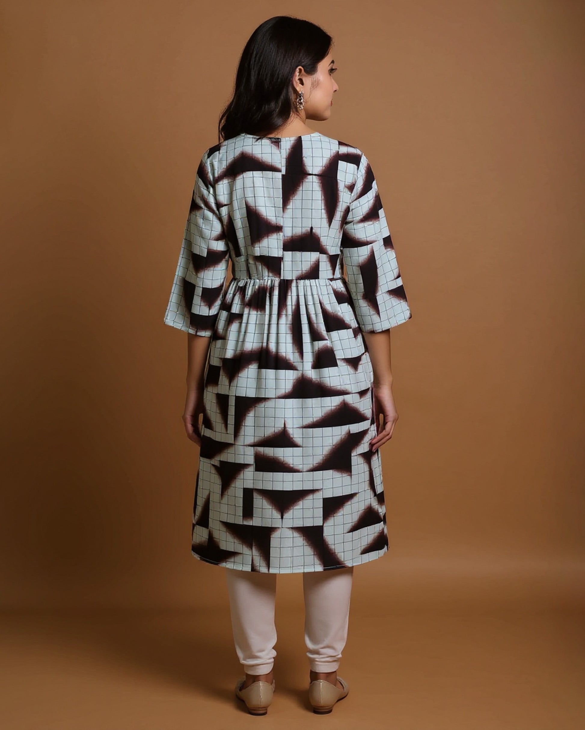 Maternity Wear  - Multi Modern Geometric Grid Print Button-Down Women's Feeding Top-Right Side-Close Up-Back Side
