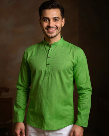 Men's Solid Cotton Regular Fit Short Kurta with Mandarin Collar and Full Sleeves  - Green
