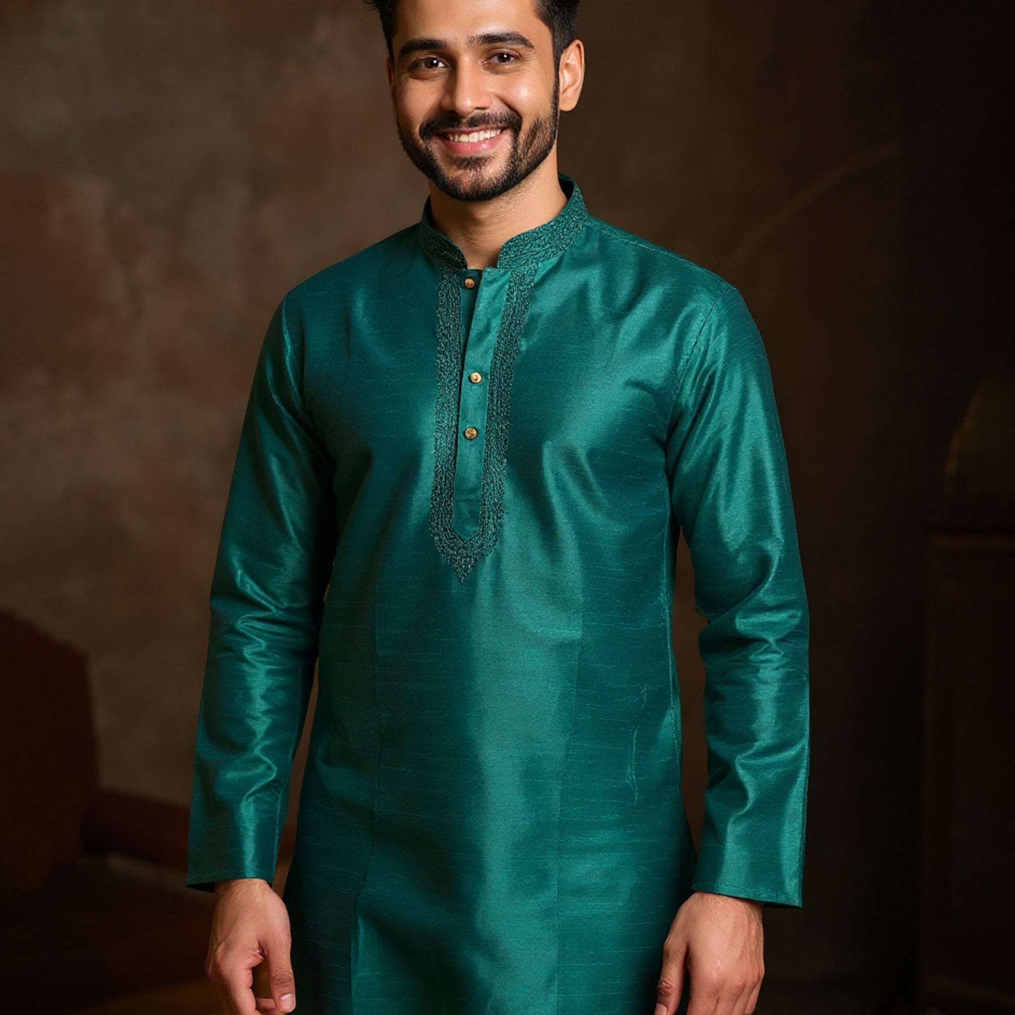 Men's Silk Blend Mandarin Collar Straight Kurta with Thread Work - Bottle Green