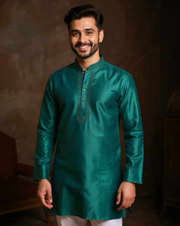Men's Silk Blend Mandarin Collar Straight Kurta with Thread Work - Bottle Green