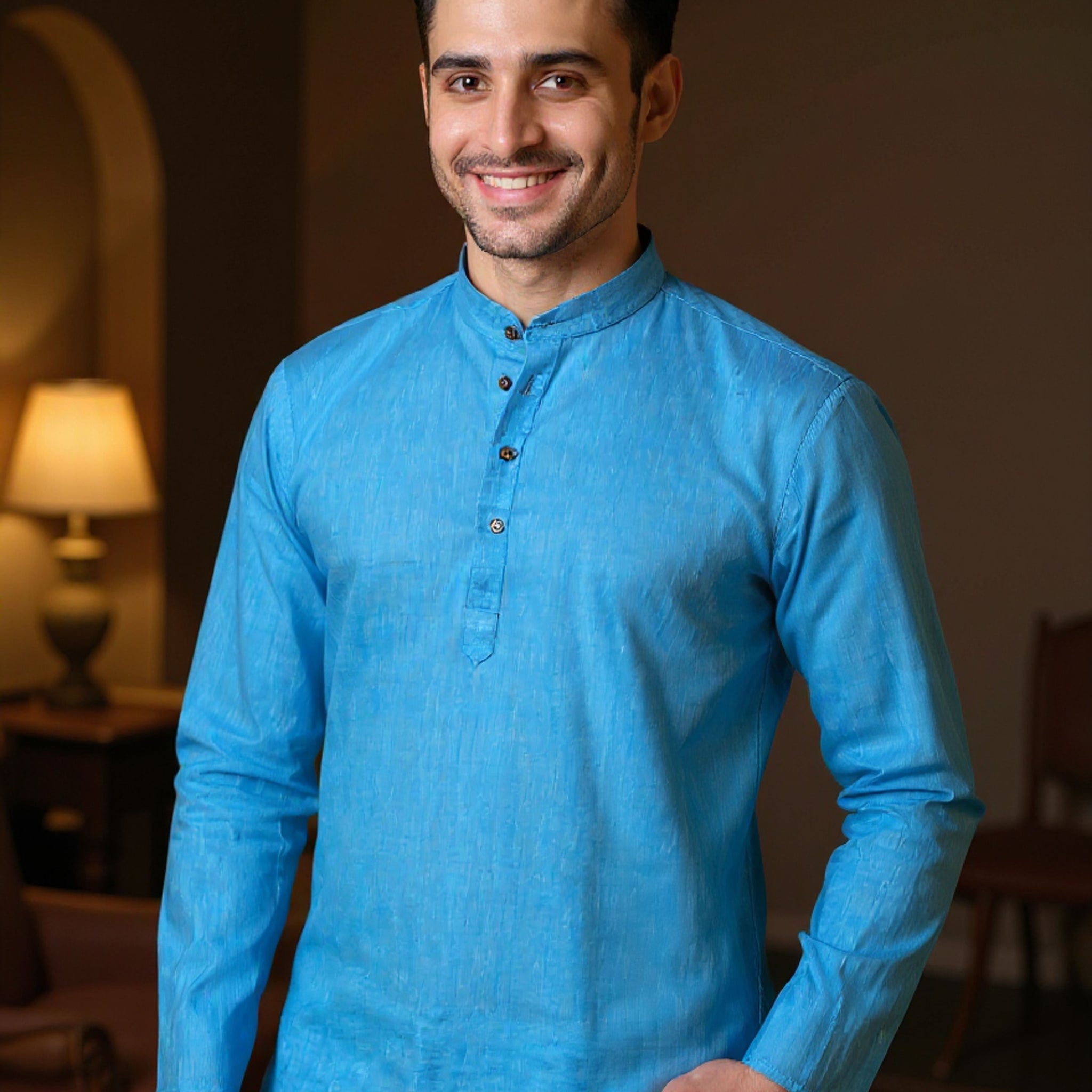 Men's Solid Cotton Regular Fit Short Kurta with Mandarin Collar and Full Sleeves - Sky Blue