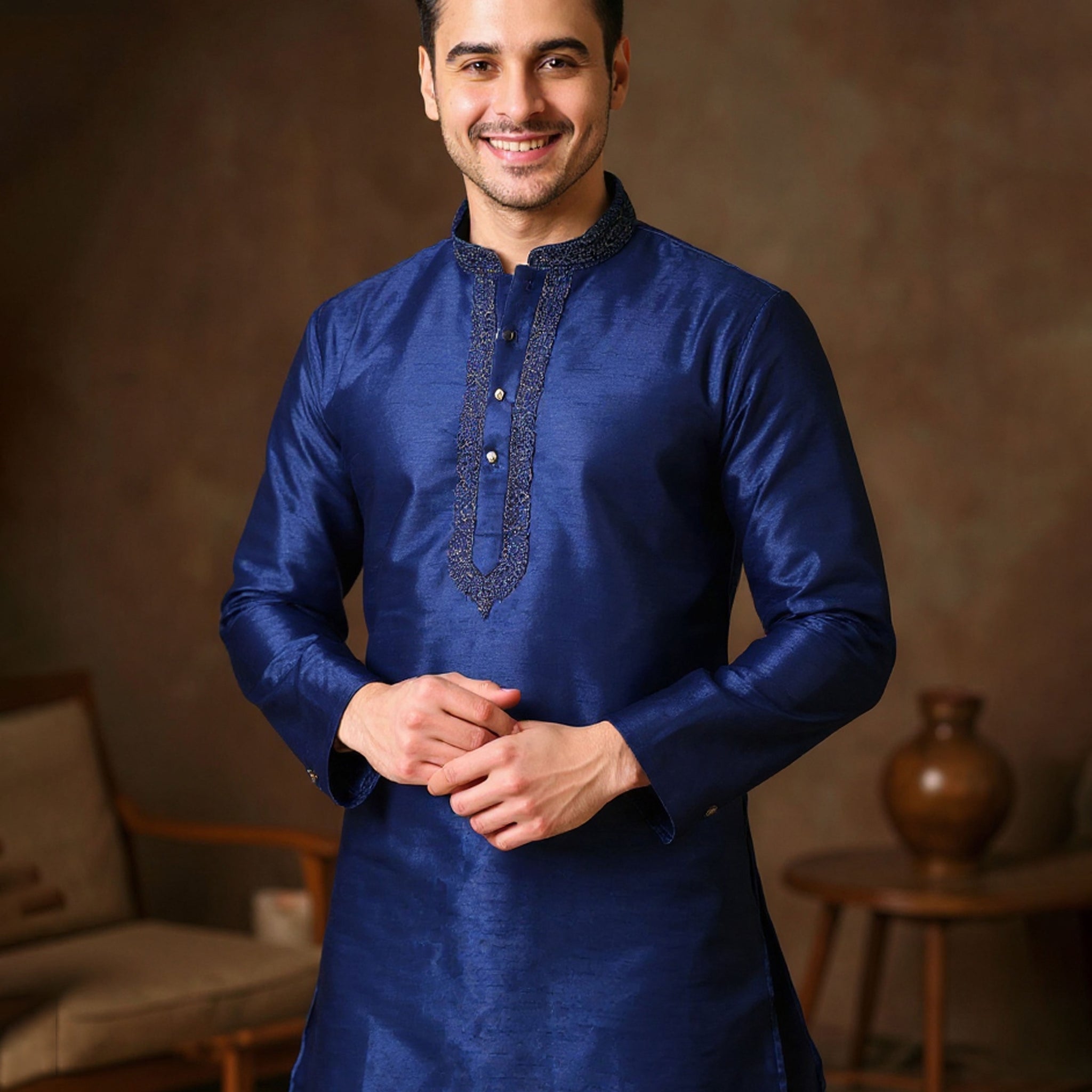 Men's Silk Blend Mandarin Collar Straight Kurta with Thread Work - Navy Blue