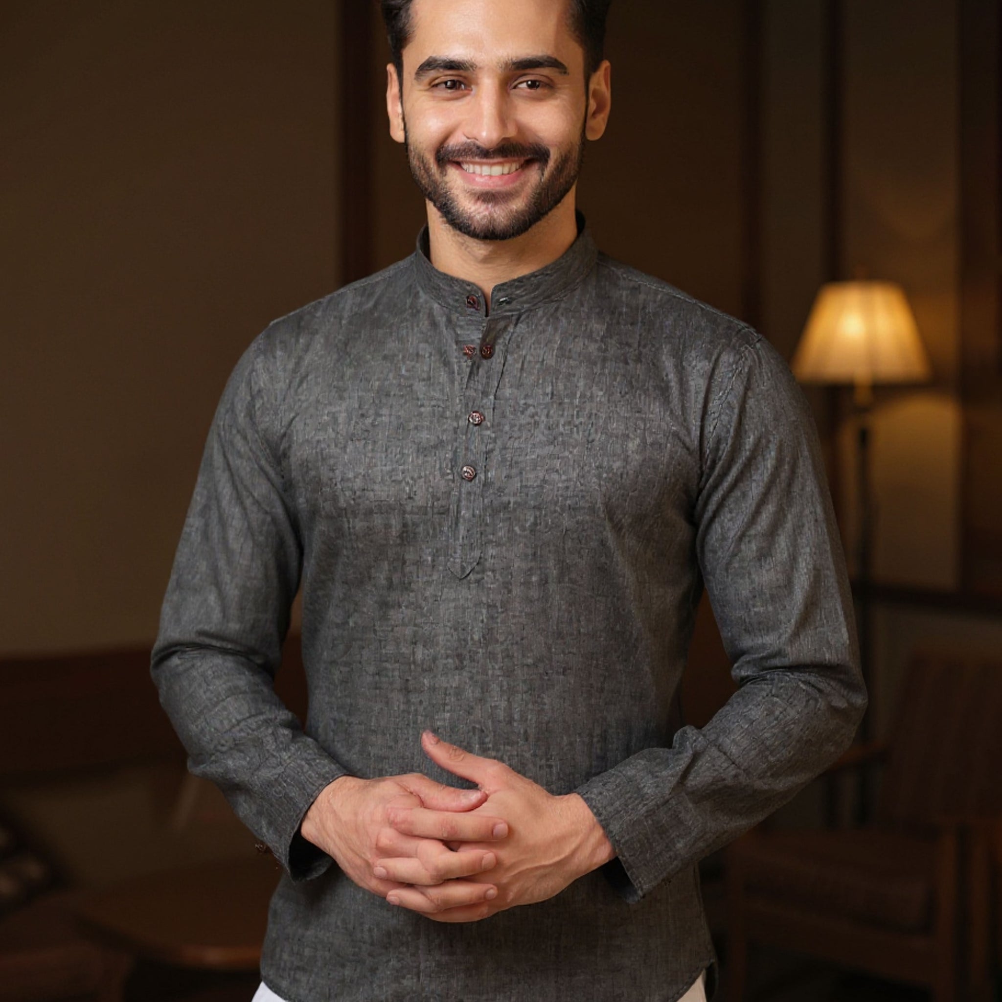 Men's Solid Cotton Regular Fit Short Kurta with Mandarin Collar and Full Sleeves - Dark Grey