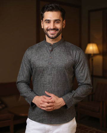 Men's Solid Cotton Regular Fit Short Kurta with Mandarin Collar and Full Sleeves - Dark Grey