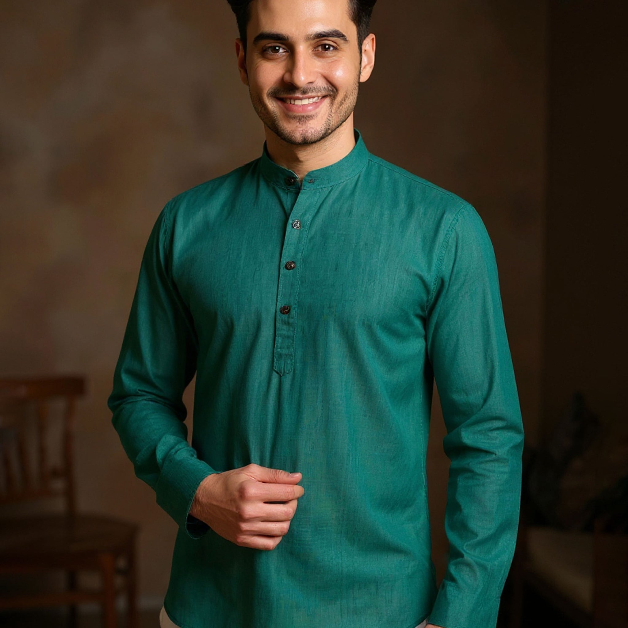 Men's Solid Cotton Regular Fit Short Kurta with Mandarin Collar and Full Sleeves - Teal