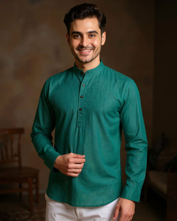 Men's Solid Cotton Regular Fit Short Kurta with Mandarin Collar and Full Sleeves - Teal
