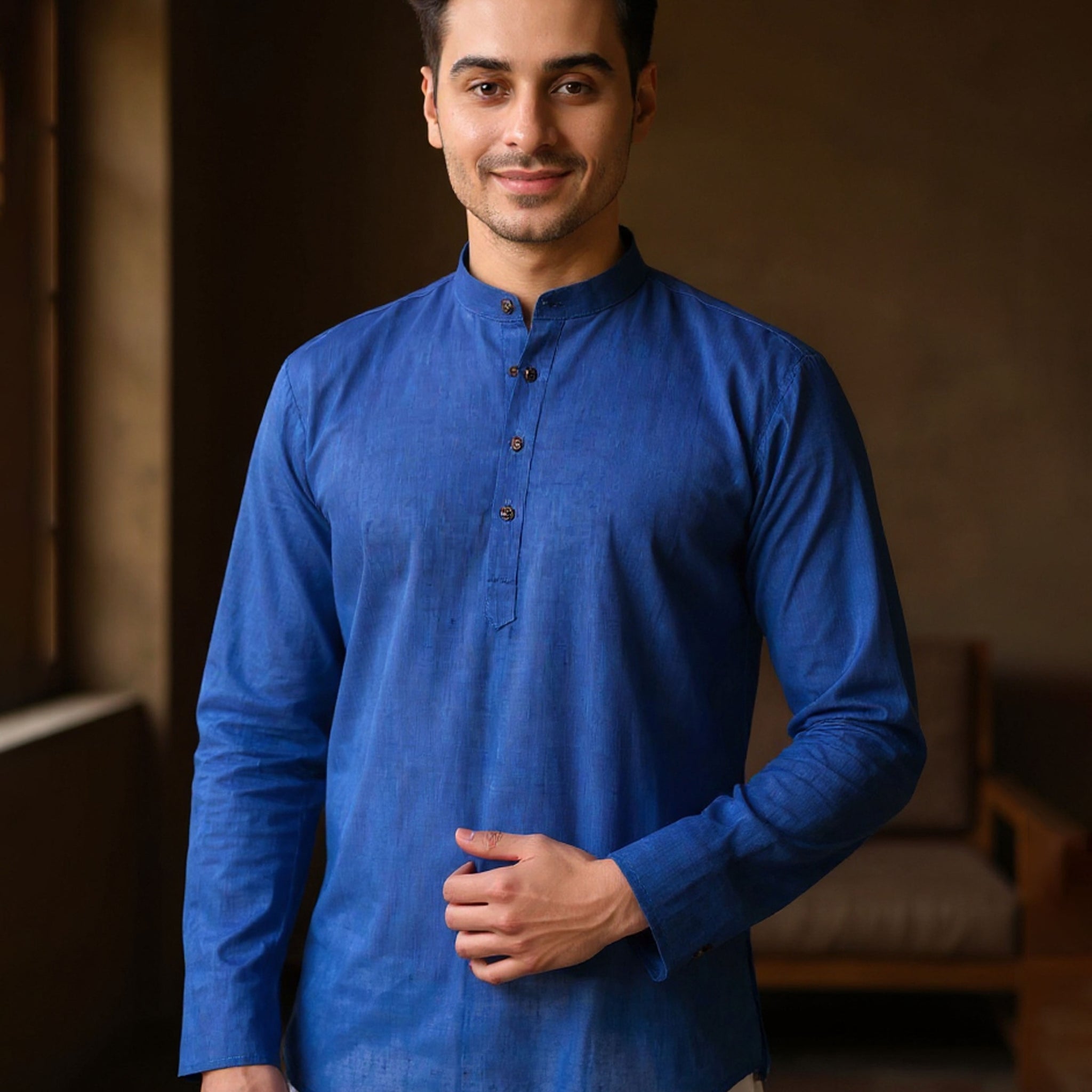 Men's Solid Cotton Regular Fit Short Kurta with Mandarin Collar and Full Sleeves - Blue