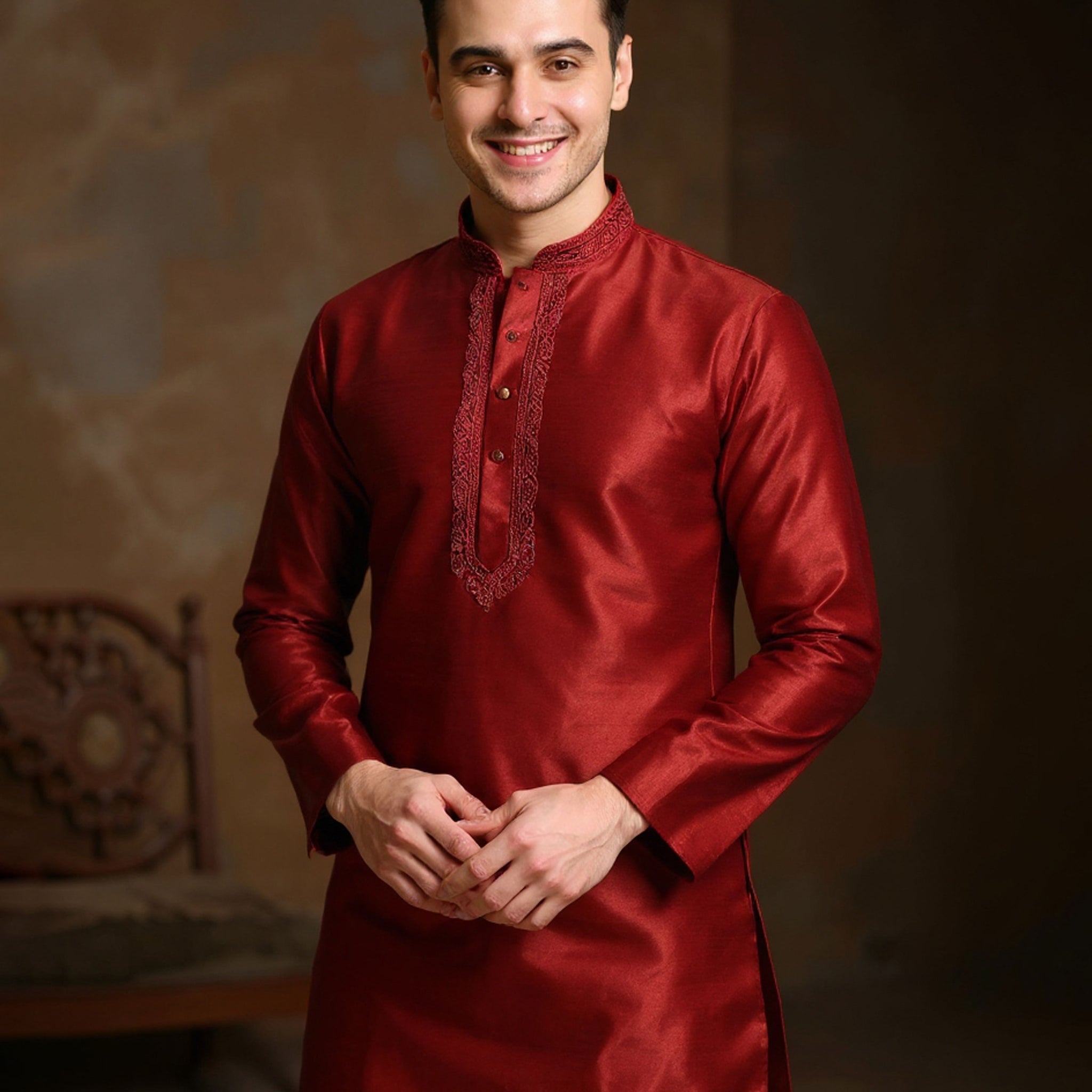 Men's Silk Blend Mandarin Collar Straight Kurta with Thread Work -  Maroon