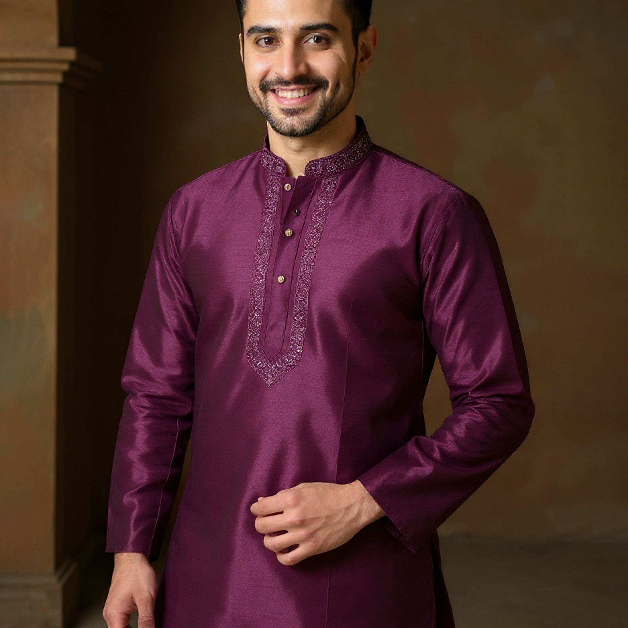Men's Silk Blend Mandarin Collar Straight Kurta with Thread Work -  Dark Purple