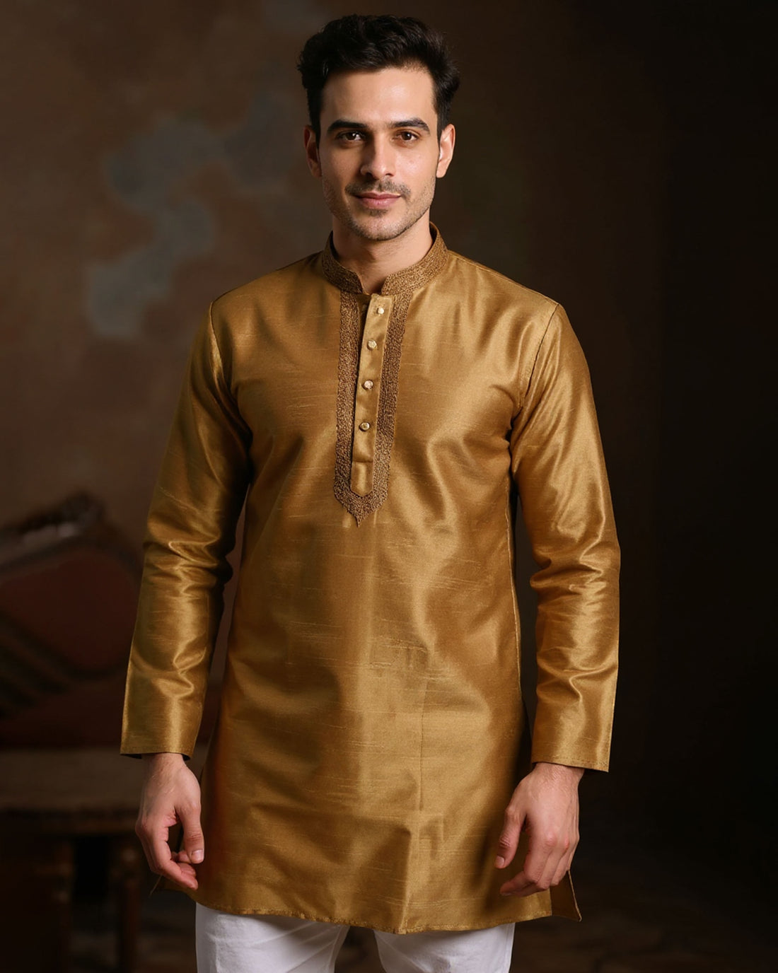 Men's Silk Blend Mandarin Collar Straight Kurta with Thread Work -  Sandal